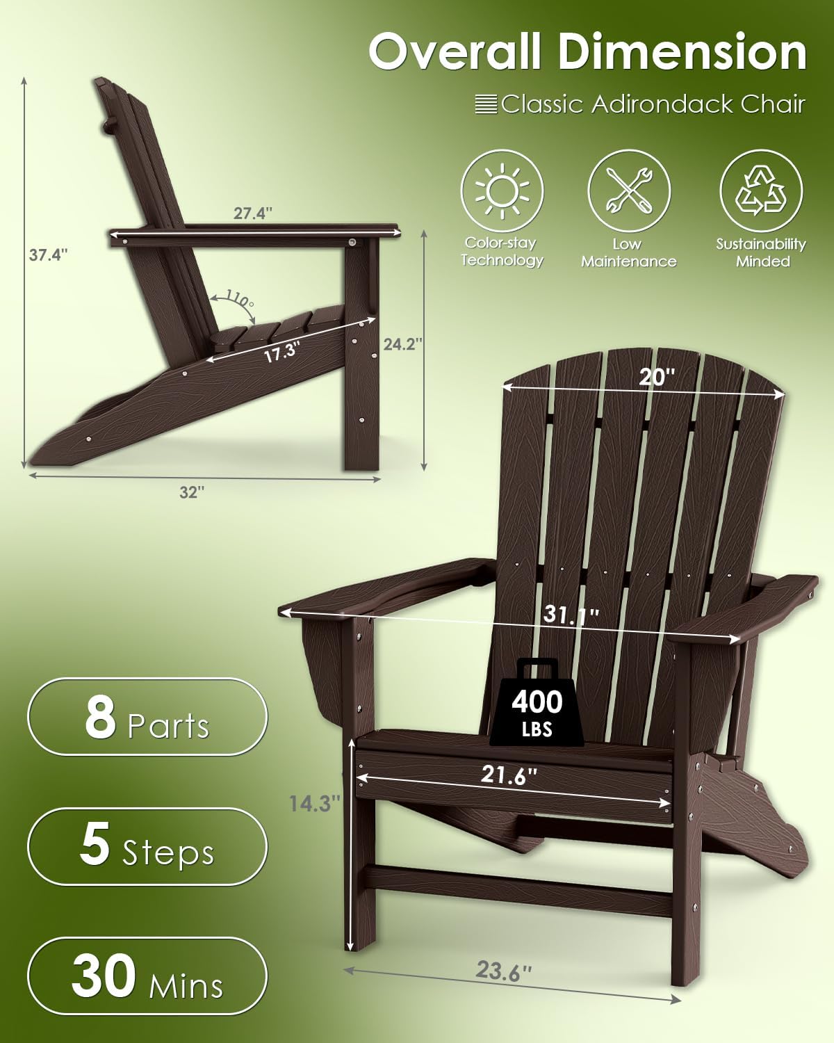 GREENVINES Adirondack Chairs Set of 6 | Wood Grain HDPE Plastic | Oversized Fire Pit Chair | All Weather | Dark Brown | Poly Lumber | for Outdoor Deck Backyard Patio Garden