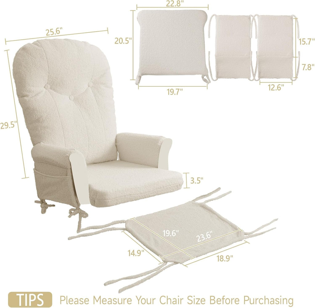 5PCS Glider Rocker Replacement Cushions with Ottoman Cover, Tufted High Back & Teddy Plush Rocking Chair Cushion Set, Thickened 3.5'' Glider Cushions with Side Pockets for Indoor Nursery, Cream