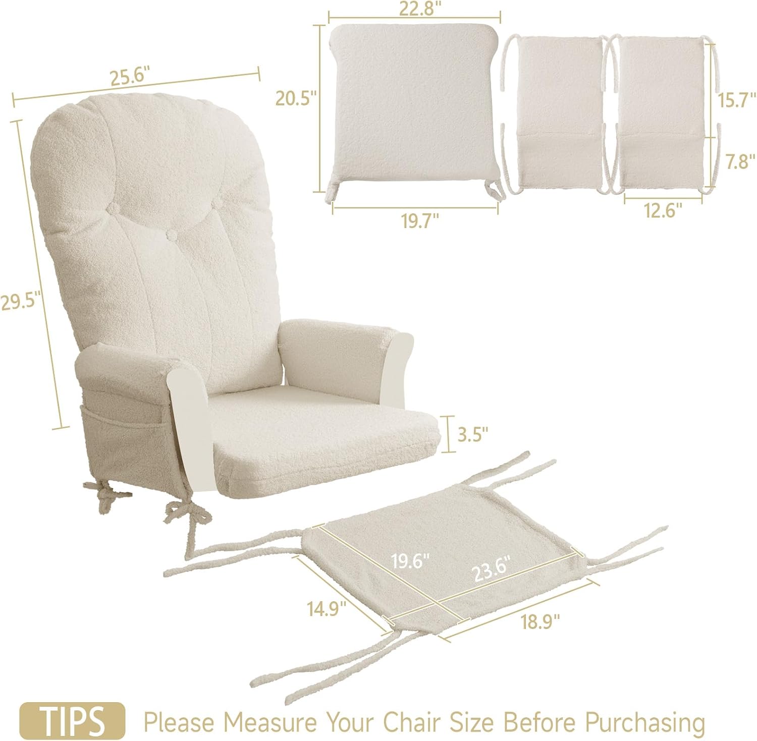 5PCS Glider Rocker Replacement Cushions with Ottoman Cover, Tufted High Back & Teddy Plush Rocking Chair Cushion Set, Thickened 3.5'' Glider Cushions with Side Pockets for Indoor Nursery, Cream