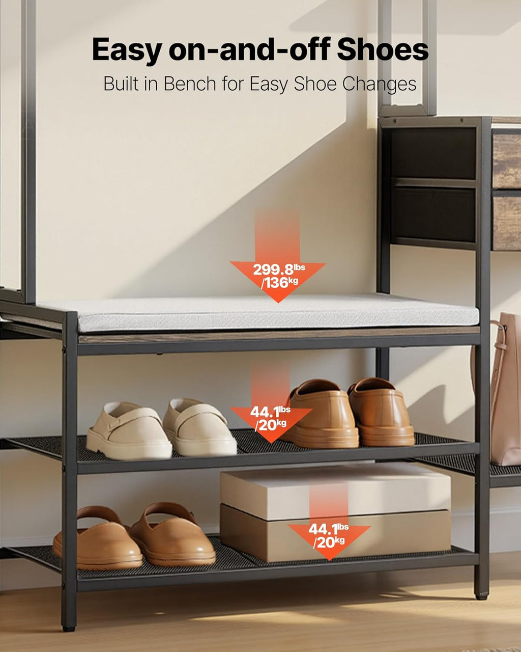 VEVOR Hall Tree with Bench and Shoe Storage, Entryway Bench with Coat Rack, 2 Drawers, 3 Storage Cubbies, 3 Open Shelves, Coat Hooks with Soft Cushion for Entryway, Hallway