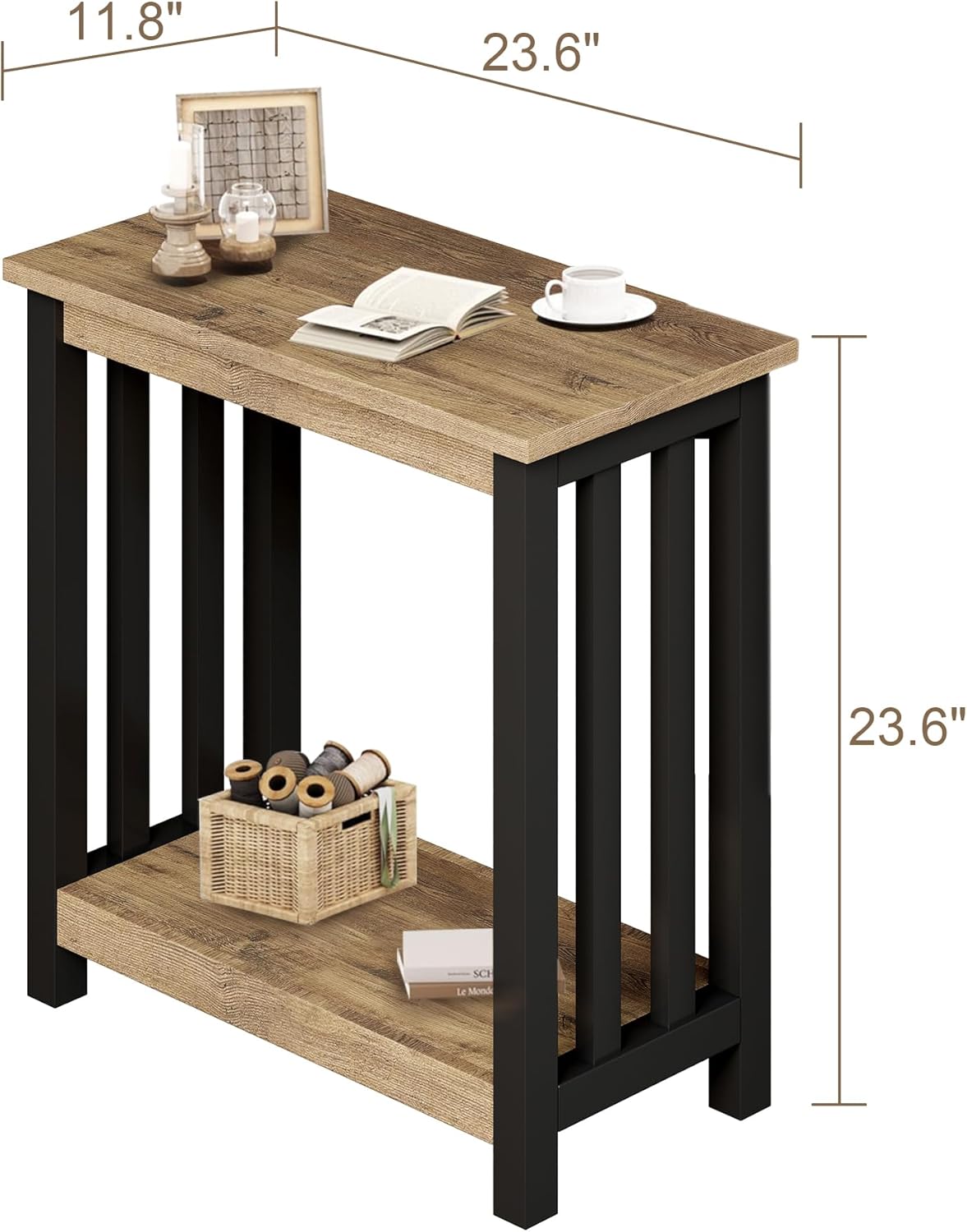 ChooChoo Mission End Table, Narrow Side Table for Small Spaces, Night Stand with Storage Shelf for Living Room and Bedroom, Rustic Oak & Black