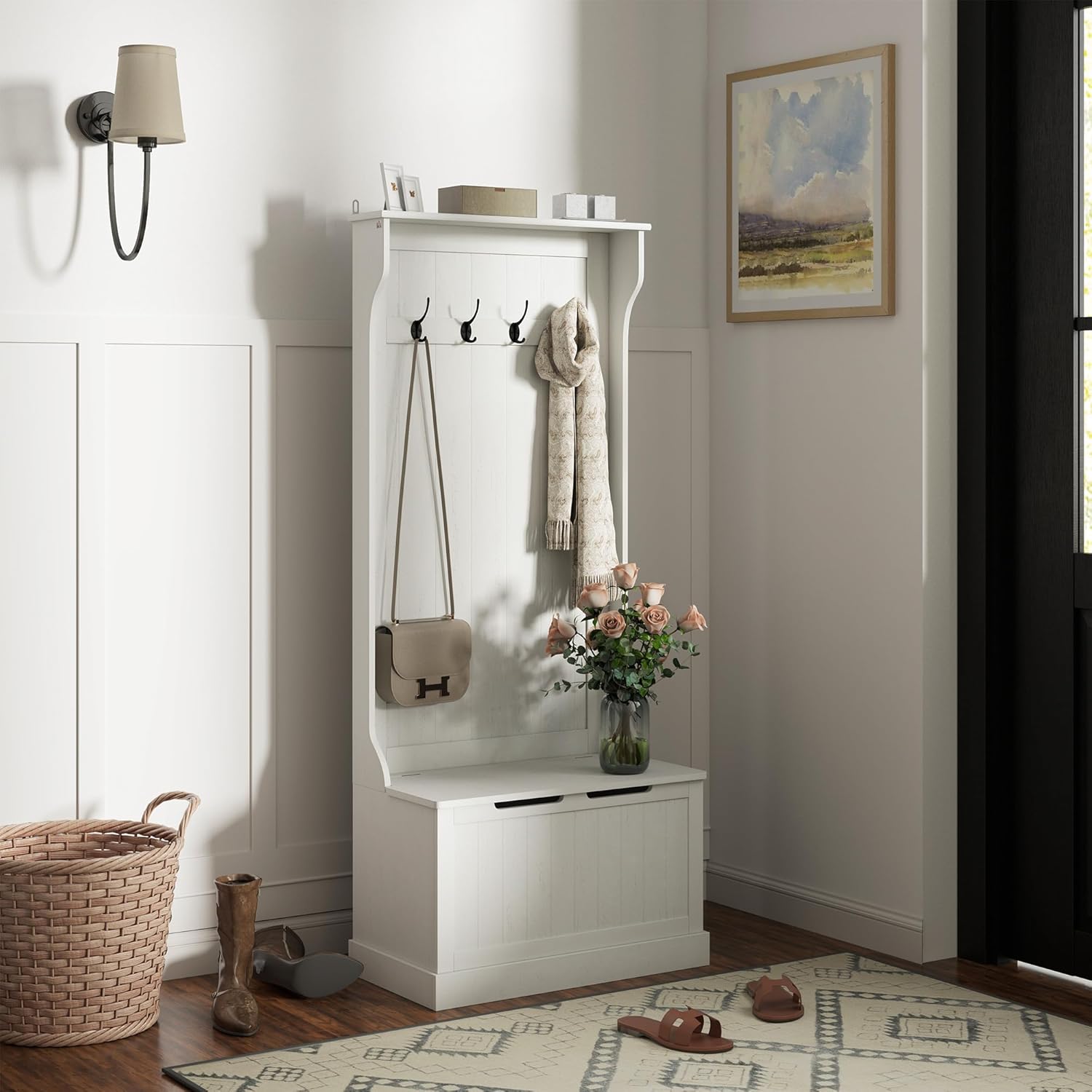 HOMCOM Hall Tree with Bench and Shoe Storage, 3-in-1 Entryway Bench with Coat Rack, 4 Hooks and Flip Top Storage Compartment, Cream White