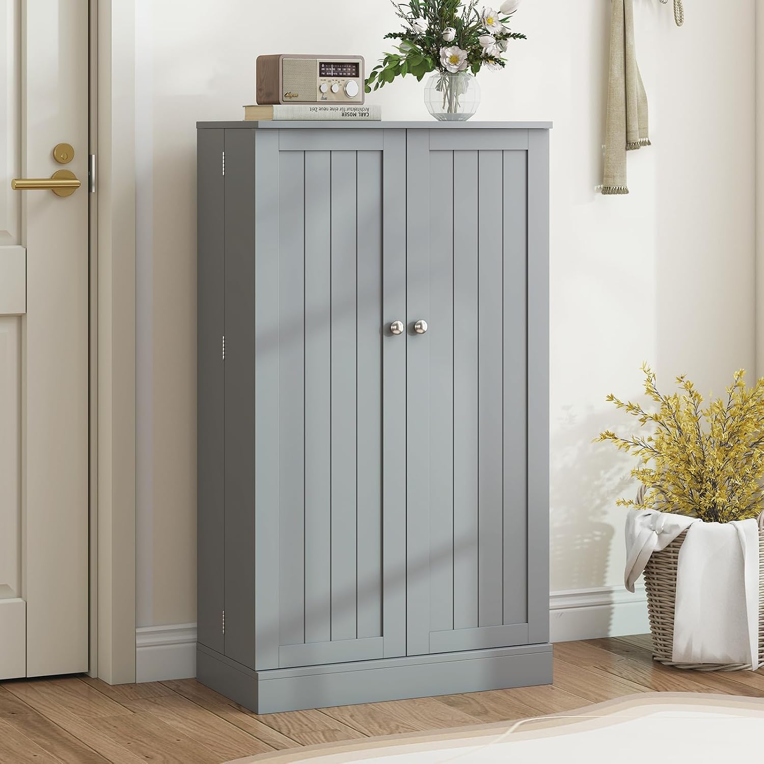 TANGZON 41"/47" Kitchen Cupboard, Kitchen Pantry Cabinet with Doors & Adjustable Shelves, Space Saving Larder Storage Cupboard Organiser for Dining Room Living Room Entryway (60 x 30 x 104cm, Grey)
