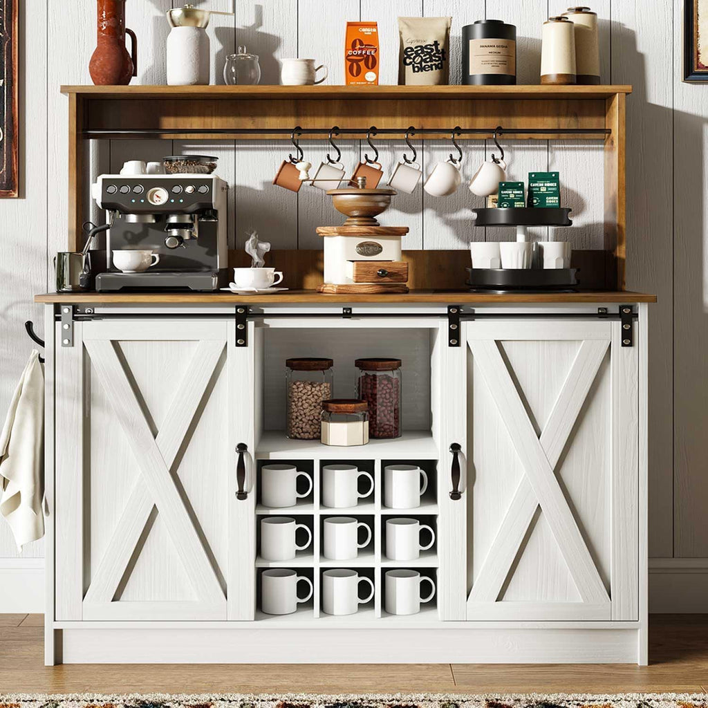 4ever2buy Farmhouse Coffee Bar with Hutch, Coffee Bar with Storage & 6 Hooks, 47 Inch Bar Cabinet with Sliding Barn Door and Adjustable Shelves for Living Room Kitchen, White