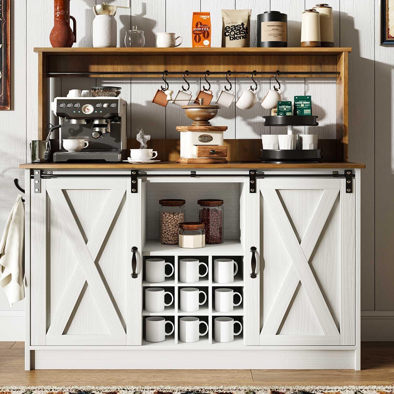 4ever2buy Farmhouse Coffee Bar with Hutch, Coffee Bar with Storage & 6 Hooks, 47 Inch Bar Cabinet with Sliding Barn Door and Adjustable Shelves for Living Room Kitchen, White