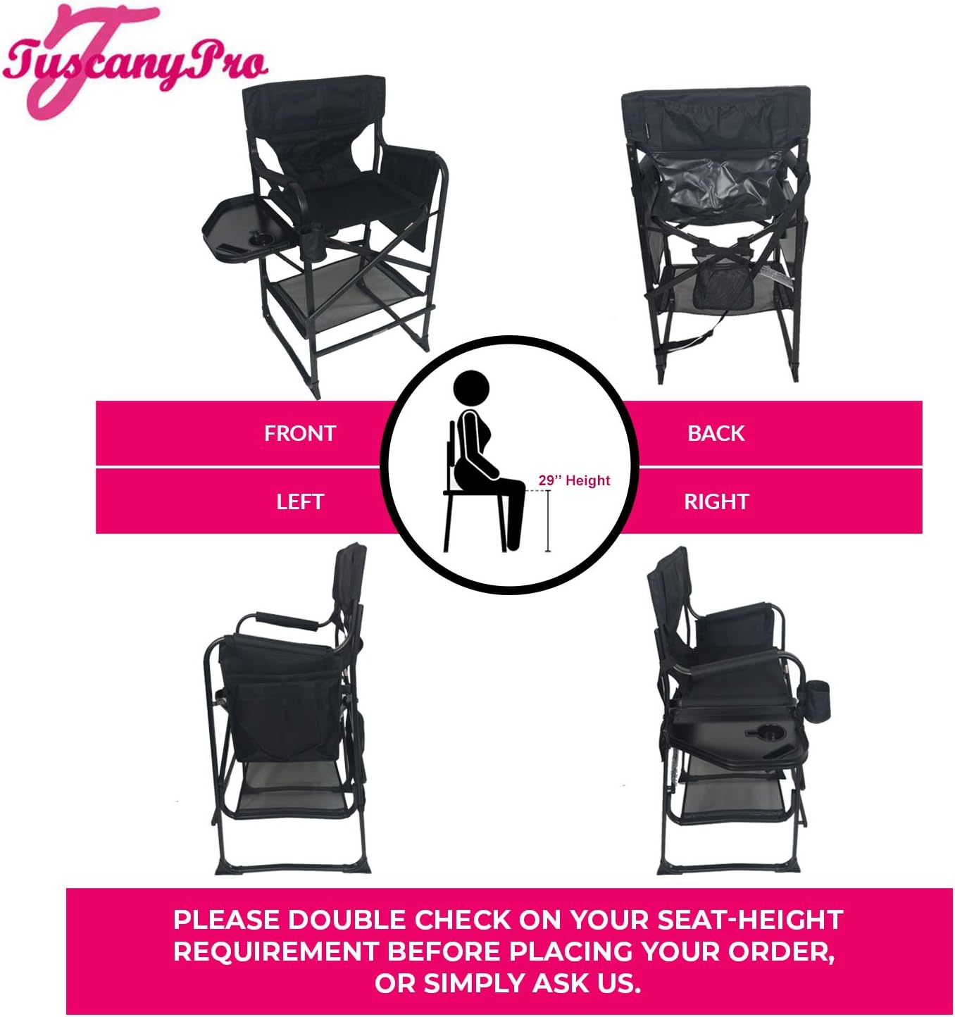 Portable Professional Tall Directors Chair with Side Tray - Custom Name/Logo Imprinted - 29 Inch Seat Height - for Salons, Makeup Artist, Hairstylist - Foldable Design