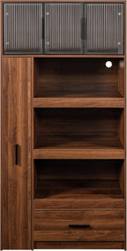 Tall Pantry Cabinet with 3 Hutch, Kitchen Food Cabinet with Pull Out Shelves and 3 Glass Doors, Kitchen Pantry with Microwave Stand for Dining Room