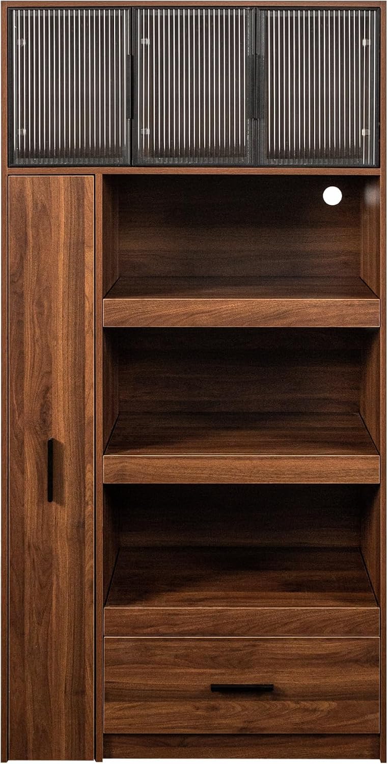 Tall Pantry Cabinet with 3 Hutch, Kitchen Food Cabinet with Pull Out Shelves and 3 Glass Doors, Kitchen Pantry with Microwave Stand for Dining Room