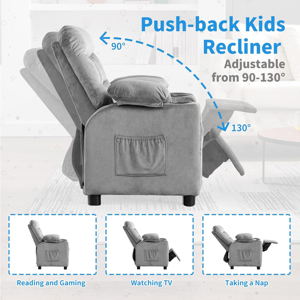Kids Recliner, Toddlers Kids Recliner Chair with Cup Holder, Ergonomic Adjustable Velvet Lounge Chair with Footrest & Side Pockets, Toddlers Baby Sofa for Boys Girls Bedroom (Gray)