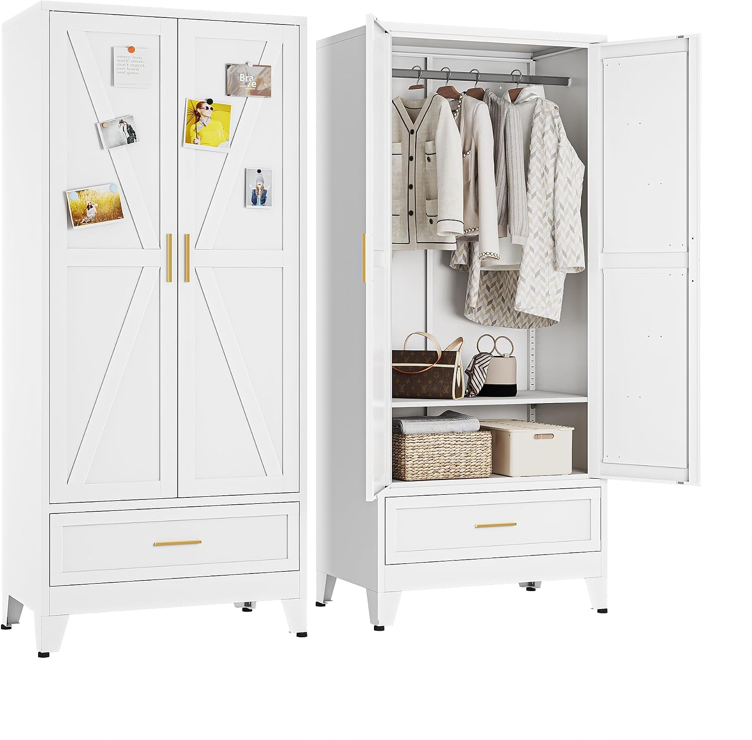 Metal Armoire Wardrobe Closet, Bedroom Armoires with Drawers | 71'' Metal Wardrobe Cabinet with 2 Doors and 2 Adjustable Shelves,Laundry Room Cabinets,Large Wardrobe Closet
