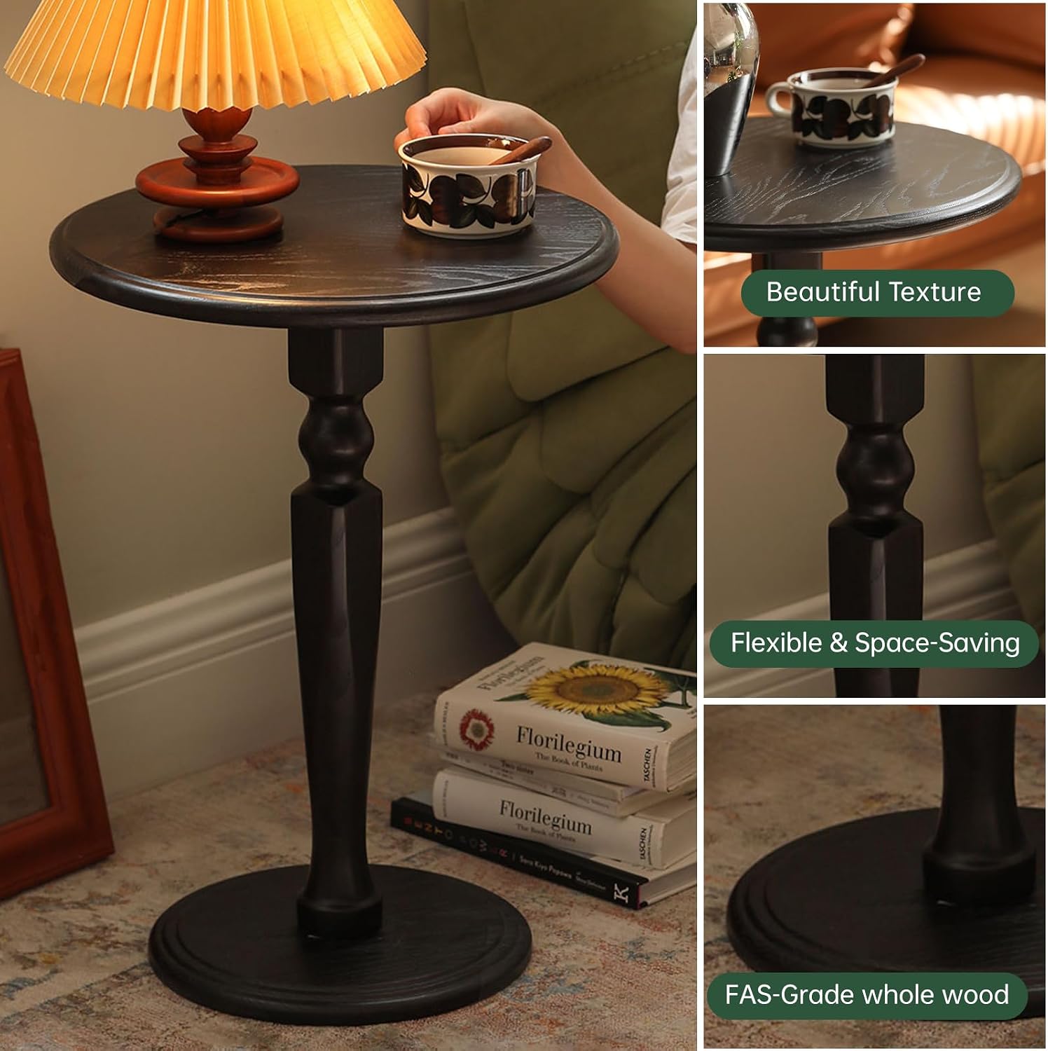 100% Solid Oak Round Pedestal Side Table for Living Rooms, Small Drink Tables for Small Spaces, Tall End Table for Bedroom, Corners, and Nursery (Black, 15.75" D x 21.26" H)