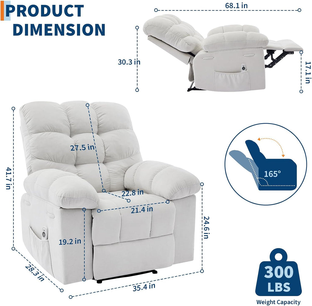 Rocking Recliner Chair with Massage & Heat, Overstuffed Fabric Upholstery, Remote Control, Side Pockets, for Living Room, Bedroom, Nursery, Home Theater, Beige