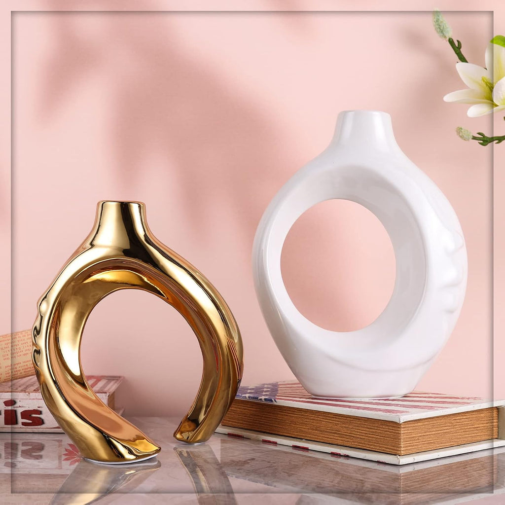 White Gold Ceramic Decorative Vase Home Decor, White and Gold Vase Set of 2, Pampas Grass Decorative Vase, Coffee Table Vase, Entryway Table Decor (White Gold)
