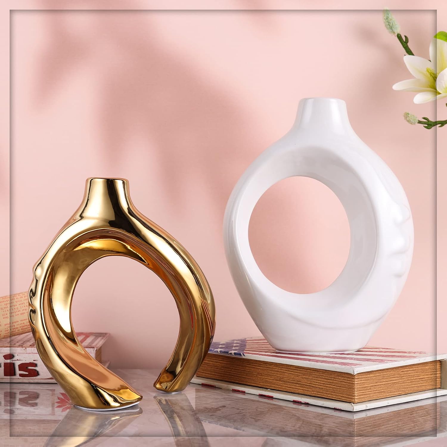 White Gold Ceramic Decorative Vase Home Decor, White and Gold Vase Set of 2, Pampas Grass Decorative Vase, Coffee Table Vase, Entryway Table Decor (White Gold)