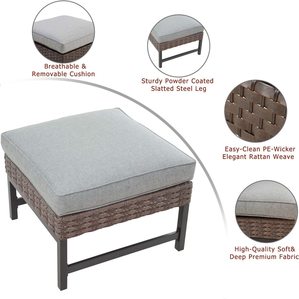 Festival Depot Patio Ottoman Square Wicker Footstool with Cushion for Foot Rest in Metal Frame All Weather Outdoor Furniture for Garden Yard Lawn