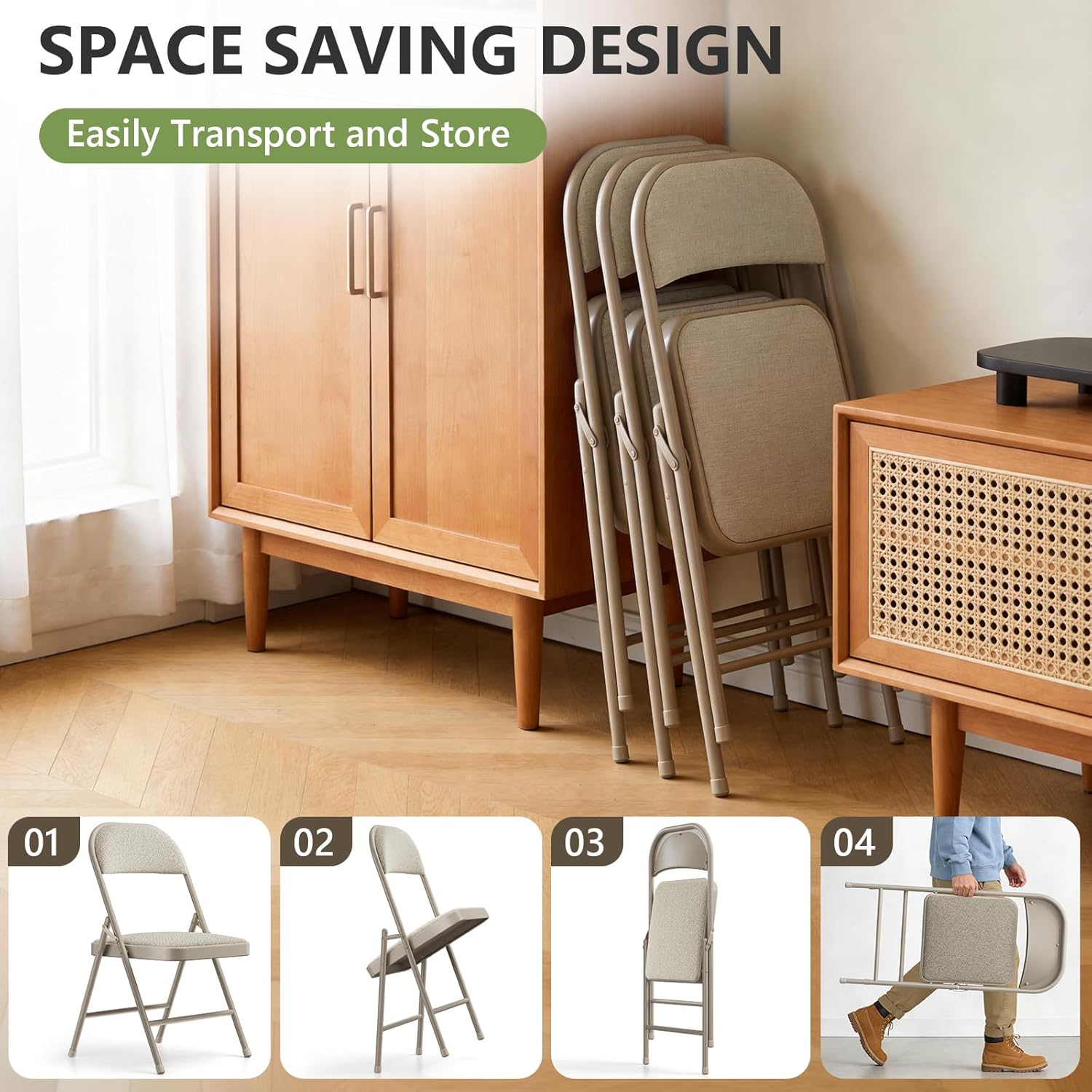 4 Pack Folding Chairs, Fabric Padded Folding Dining Chairs with Cushion Seat & Back, Indoor Outdoor Folding Chair Set for Home Office, Parties, Events, Wedding, Extra Guest Seating