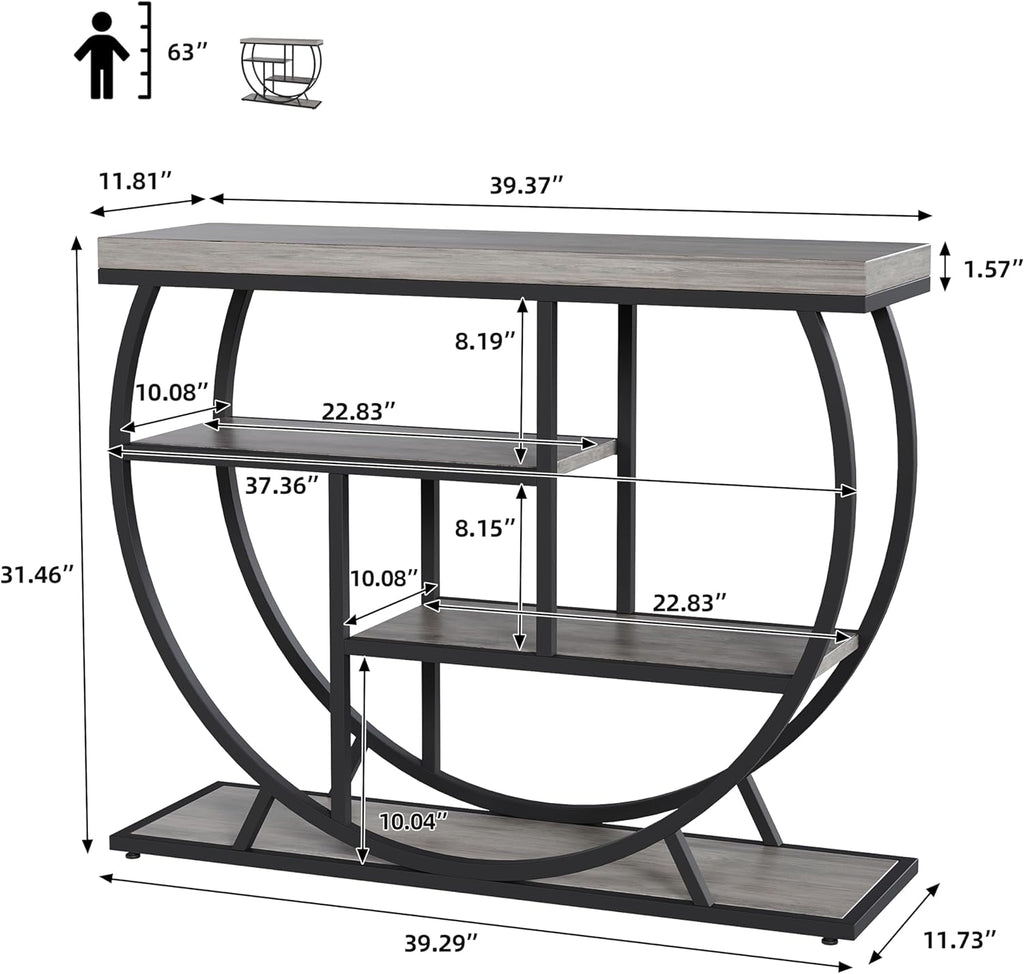 Garvee Entryway Table with Storage, Industrial 4-Tier Narrow Console Table Behind Couch with Half-Circle Base & Storage Shelves for Living Room, Hallway, Foyer