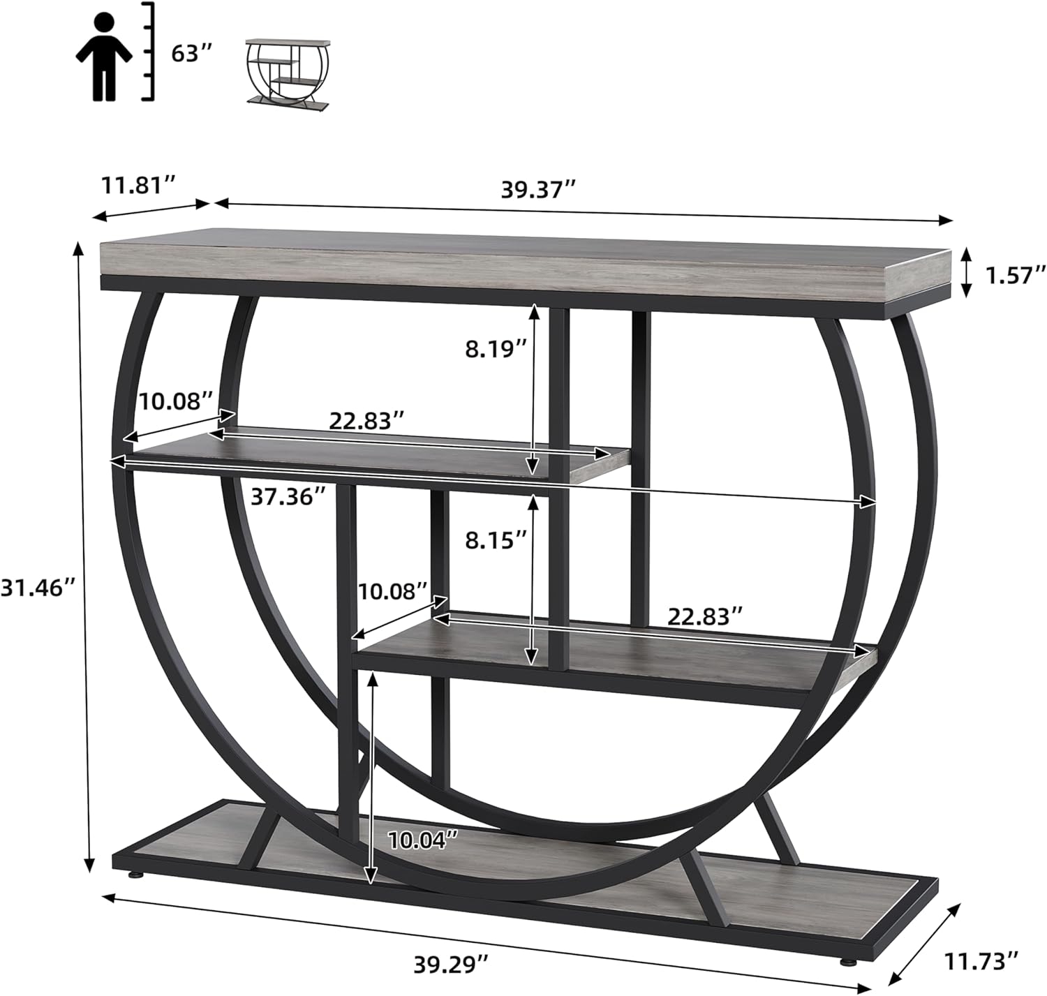 Garvee Entryway Table with Storage, Industrial 4-Tier Narrow Console Table Behind Couch with Half-Circle Base & Storage Shelves for Living Room, Hallway, Foyer