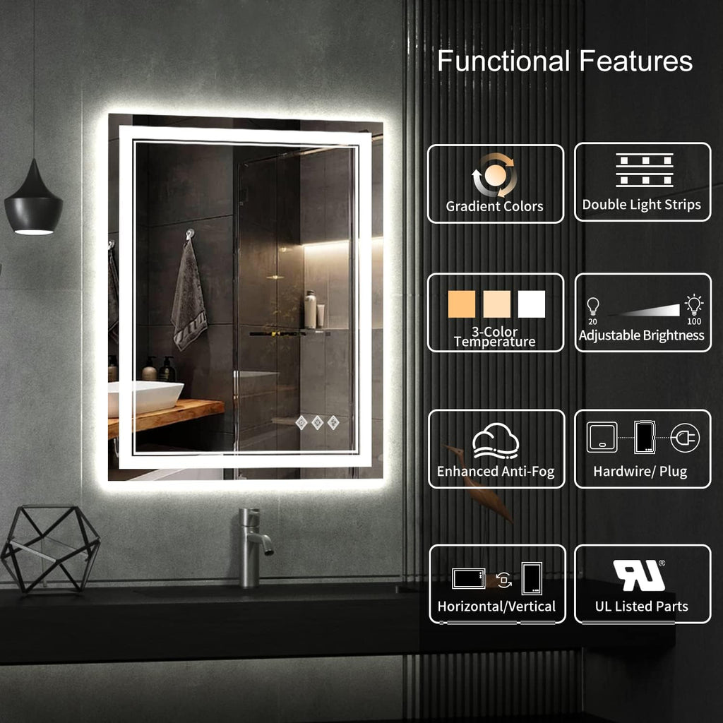 LED Bathroom Mirror, 24x32 Inch Gradient Front and Backlit Vanity Mirror with Lights, 3 Colors Dimmable CRI>90, IP54 Enhanced Anti-Fog, Hanging Plates Bathroom Mirror with Lights