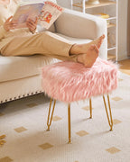 IBUYKE Rectangular Faux Fur Vanity Stool with Storage, Pink WBD022P | Furry Makeup Chair Ottoman Soft Padded Seat Round Footrest Footstools 4 Metal Legs Living Room Bedroom Entryway