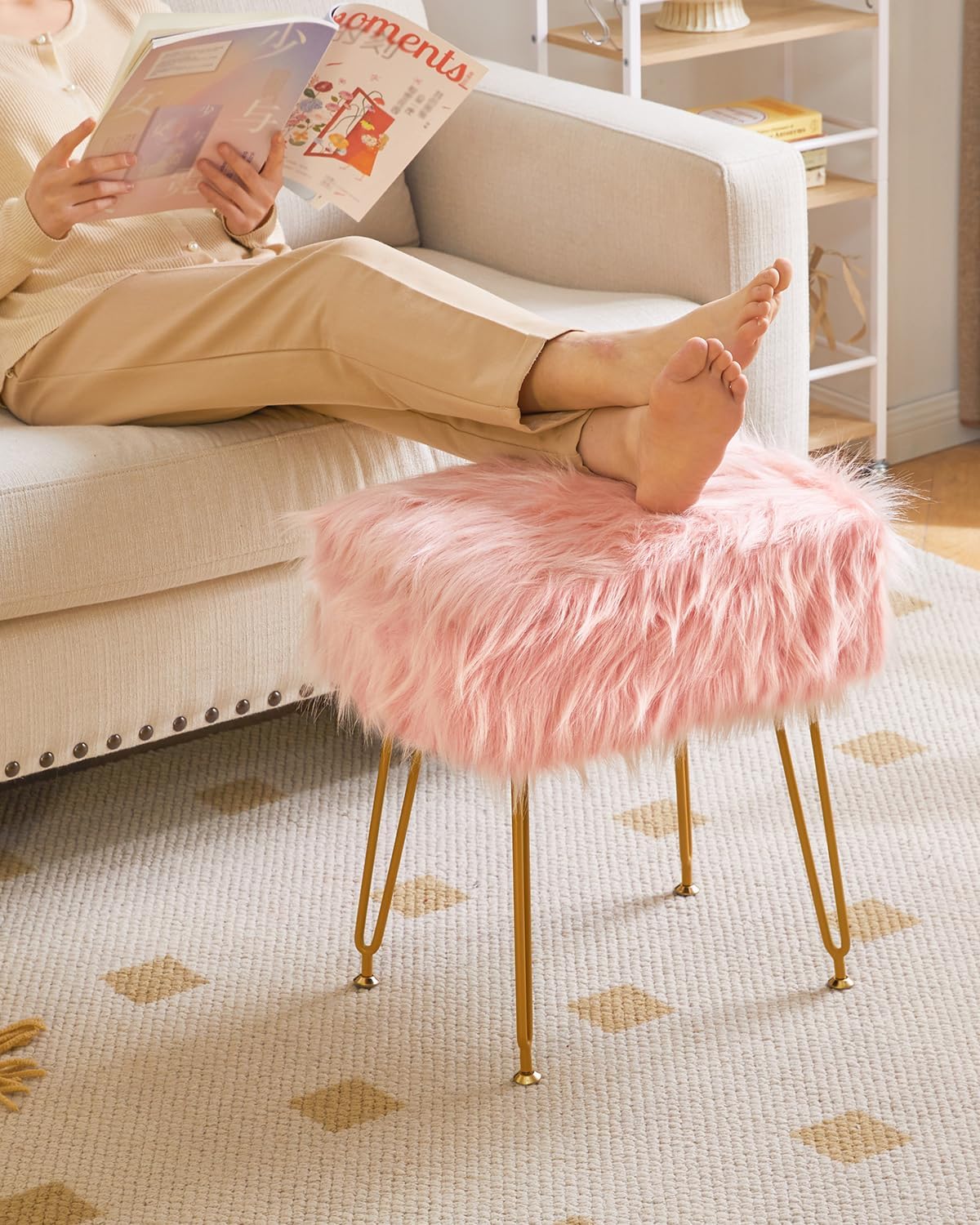 IBUYKE Rectangular Faux Fur Vanity Stool with Storage, Pink WBD022P | Furry Makeup Chair Ottoman Soft Padded Seat Round Footrest Footstools 4 Metal Legs Living Room Bedroom Entryway