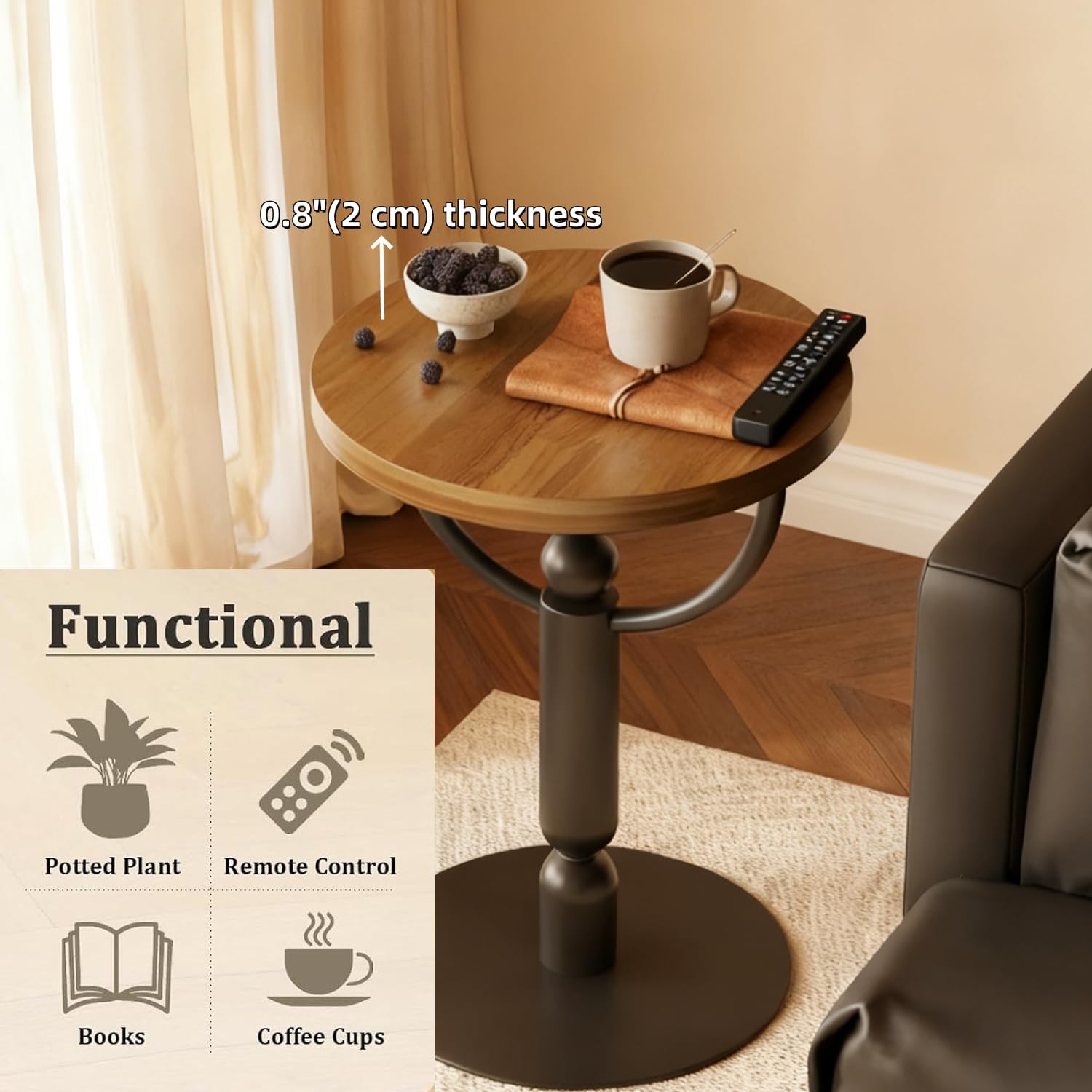 YUNMUARY-Modern Side Tables Living Room, Black Round End Table, Mid Century End Tables for Small Space, Metal Bedside Tables, Wooden Couch Side Table, Nightstand for Bedroom, No Assembly Required