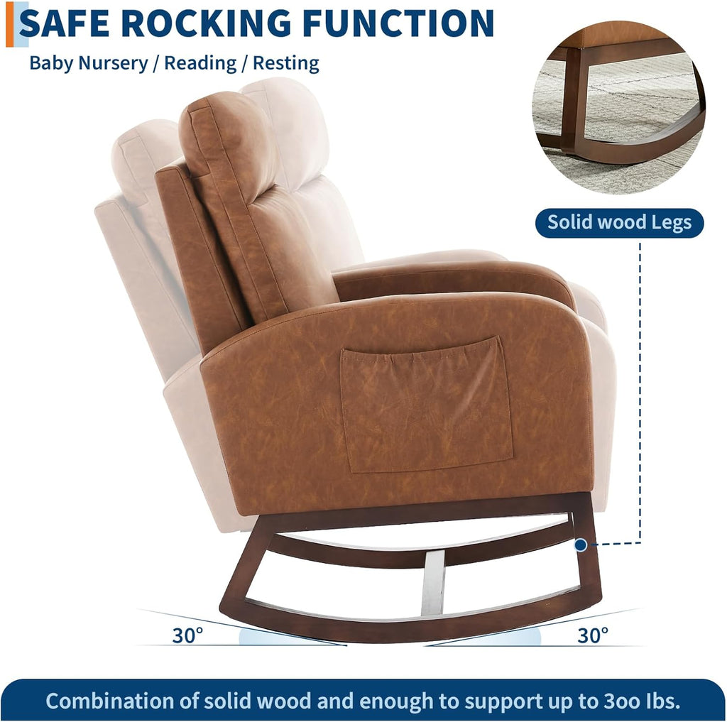 Nursery Rocking Chair with High Backrest and Side Pocket, Glider Accent Armchair with Rubber Wood Legs for Living Room, Bedroom, or Nursery, PU Vintage Brown