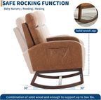 Nursery Rocking Chair with High Backrest and Side Pocket, Glider Accent Armchair with Rubber Wood Legs for Living Room, Bedroom, or Nursery, PU Vintage Brown