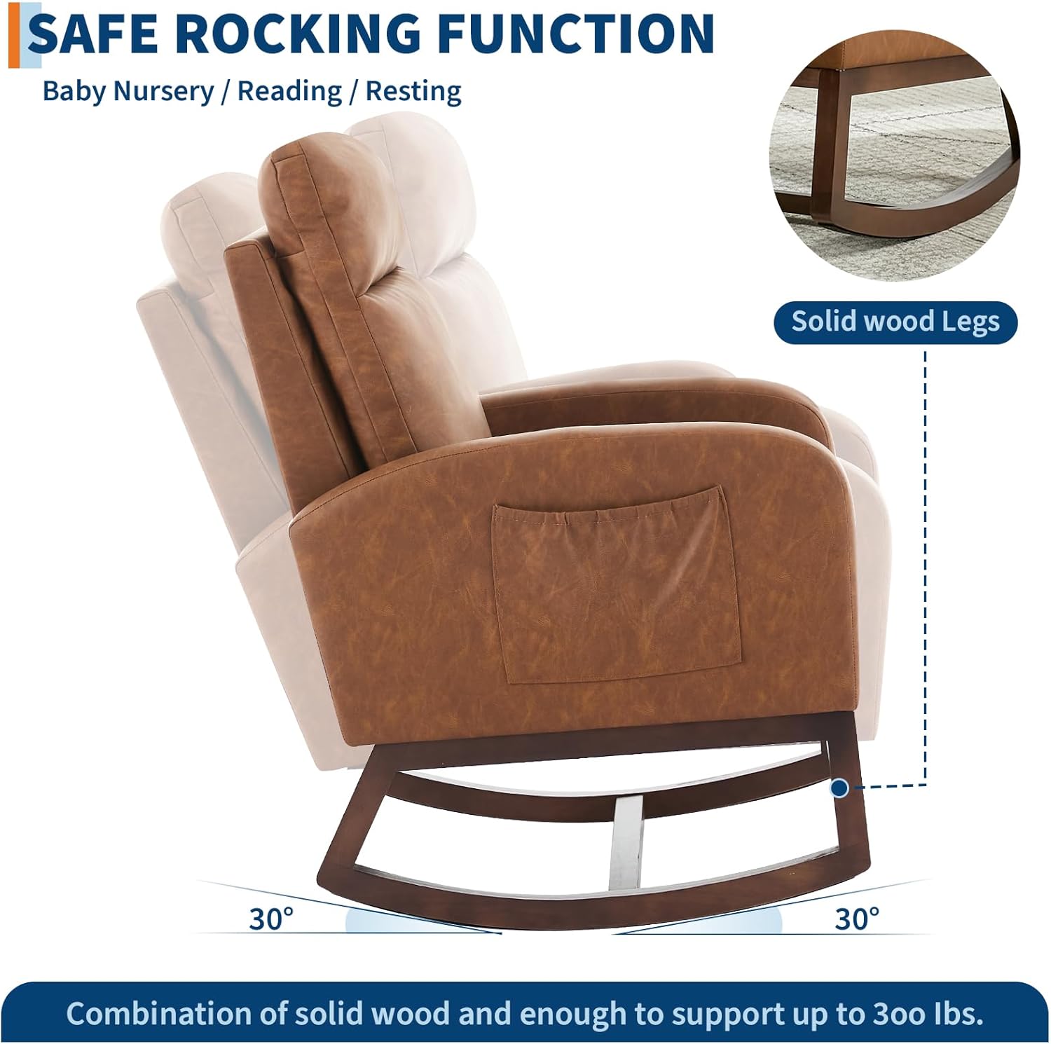 Nursery Rocking Chair with High Backrest and Side Pocket, Glider Accent Armchair with Rubber Wood Legs for Living Room, Bedroom, or Nursery, PU Vintage Brown