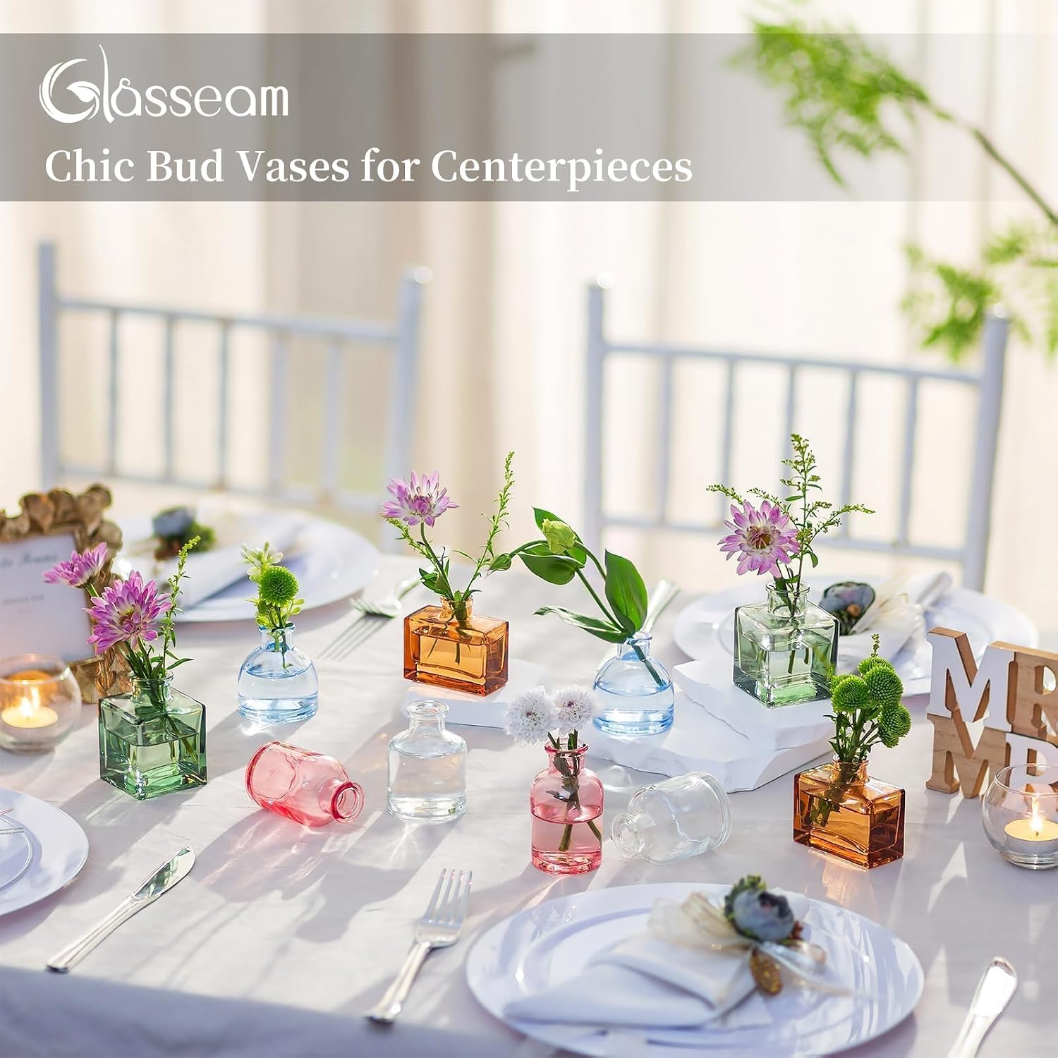 Glasseam Mini Bud Vases in Bulk 40: Colored Small Flower Vases for Centerpieces, Cute Tiny Glass Table Centerpiece for Flowers - Modern Wedding Decorations for Living Room Kitchen Baby Showers