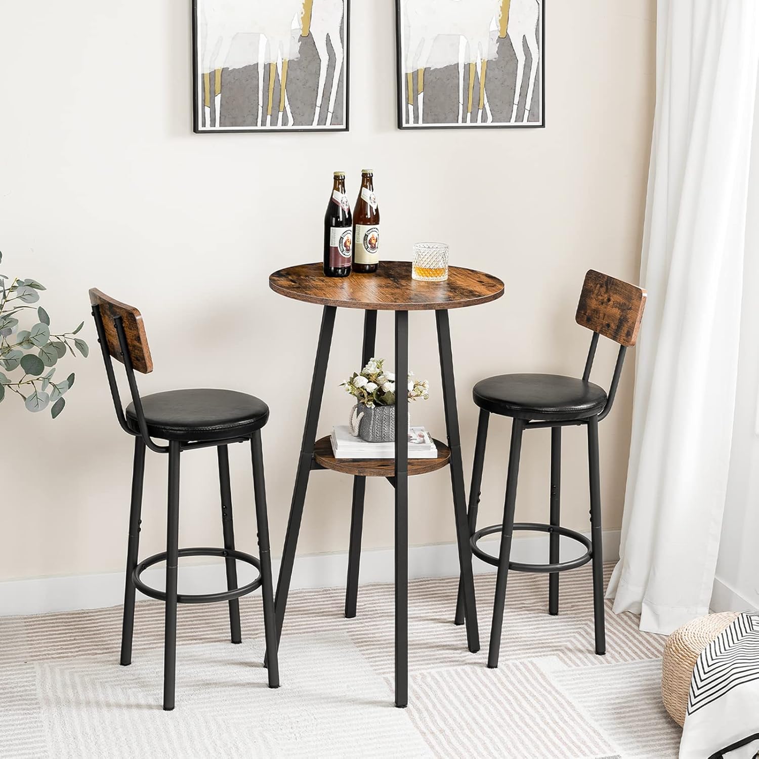 HOOBRO Bar Table, Round Pub Table, 2-Tier with Storage, 37.4" High Top for Small Spaces, with Top Particleboard for Kitchen, Easy to Assemble, Rustic Brown BF55BT01