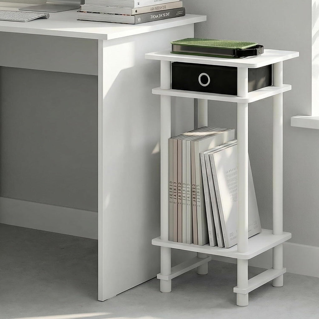 Furinno Turn-N-Tube Side Table, 3-Tier Tall Narrow Modern End Table with Storage Bin, Open Shelf Night Stand, Bedside Table, Toolless Assembly, for Living Room, Bedroom, White