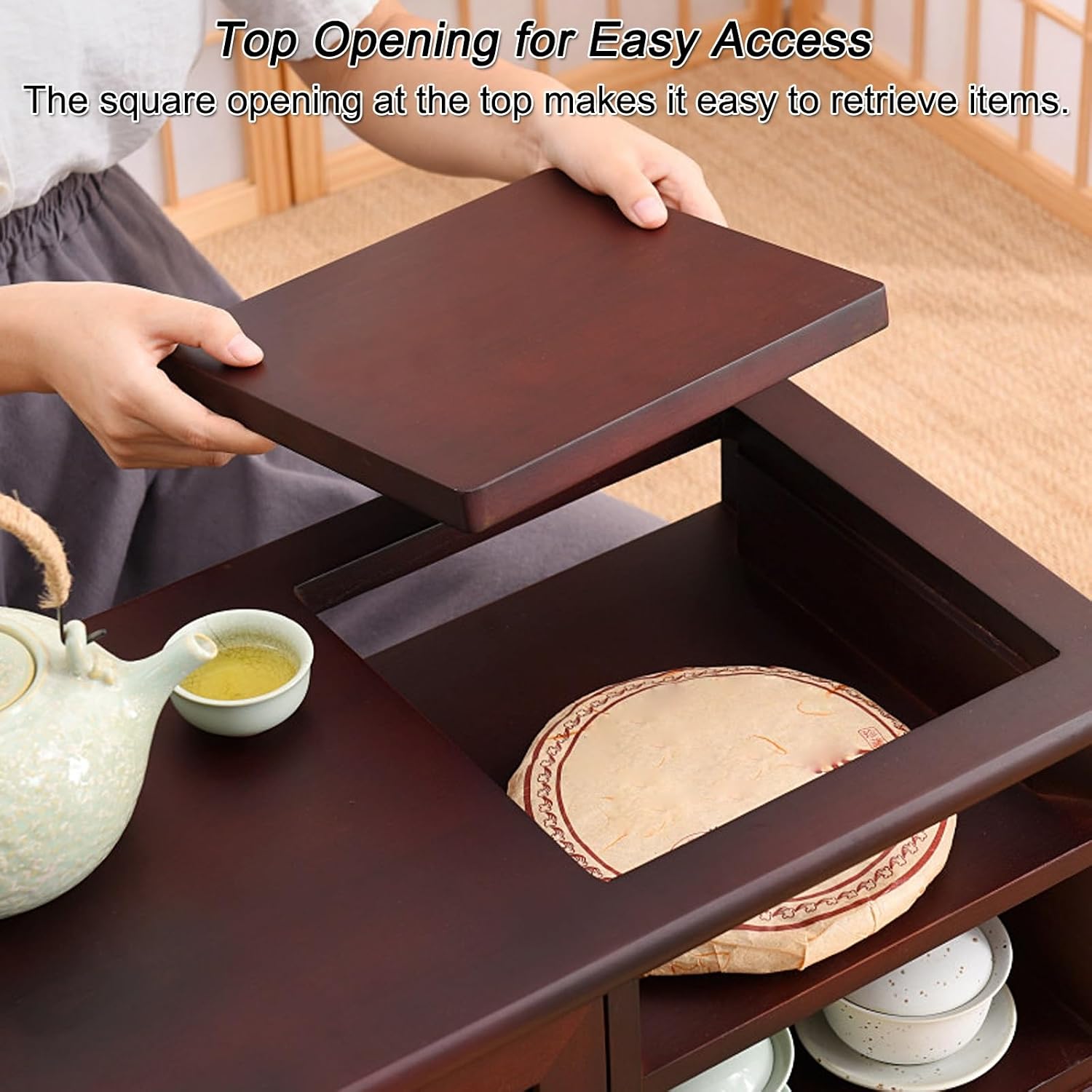 Japanese Tea Cabinet Floor Table, Paulownia Wood Side Table with Tray and Storage, 22x12x15in, for Tea Brewing, Living Room, Tea Room