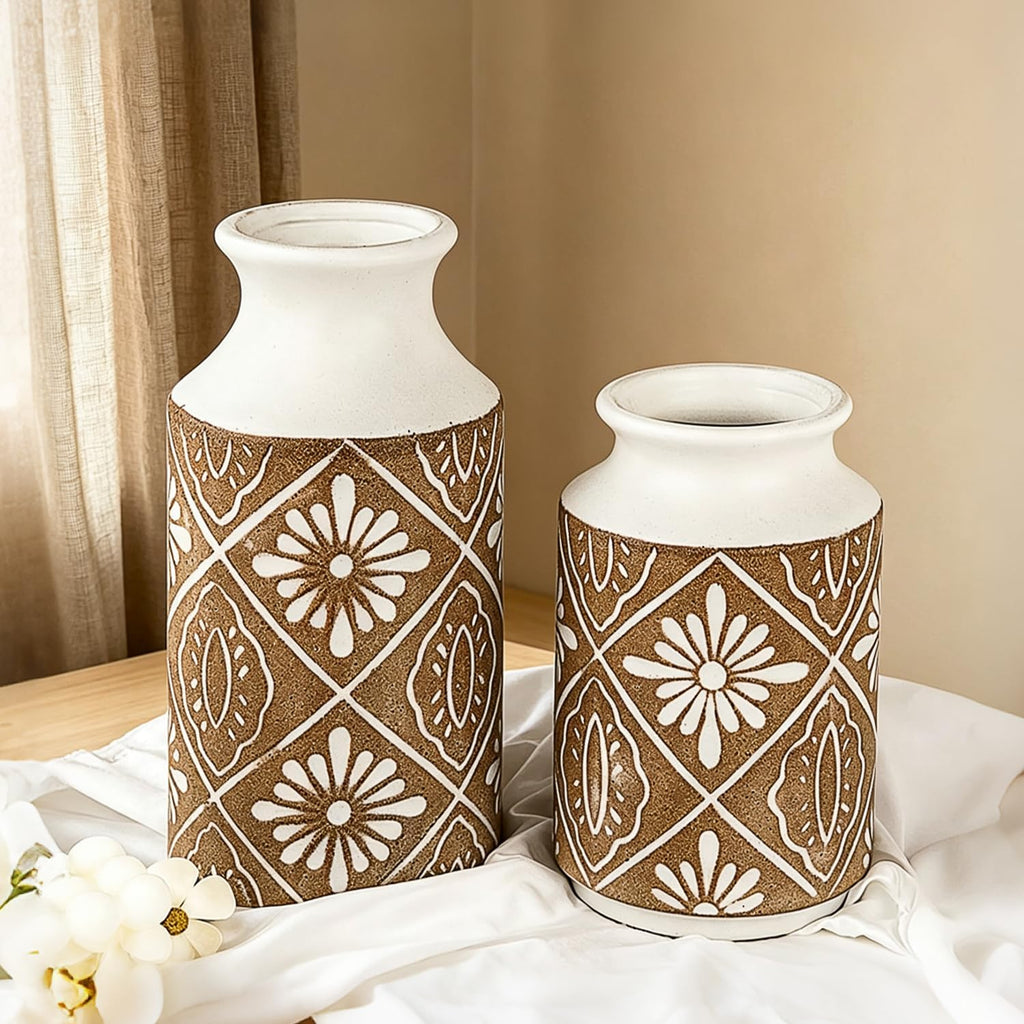 Rustic Ceramic Vase Set of 2 for Living Room Bedroom 11.02'' and 9.05'' Large Unique Flower Vases for Home Decor Office Centerpieces Fireplace Vintage Antique Farmhouse Modern Gift for Plant