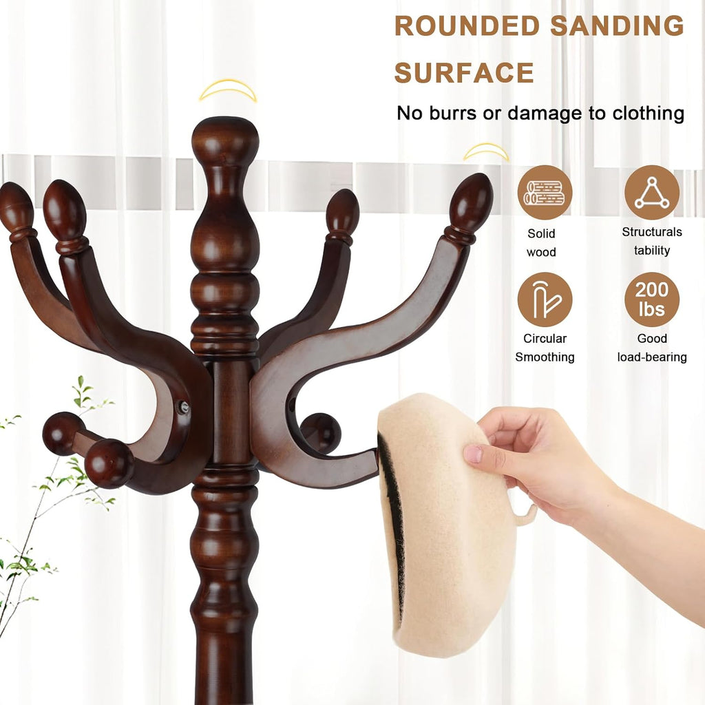 Solid Wood Coat Rack, Free Standing Hall Coat Tree with 11 Hooks, 2 Height Options, 270lbs Load, Stury Base, Clothes Rack for Entryway, Hallway, Bedroom (Tri-legged Base - Dark Brown)