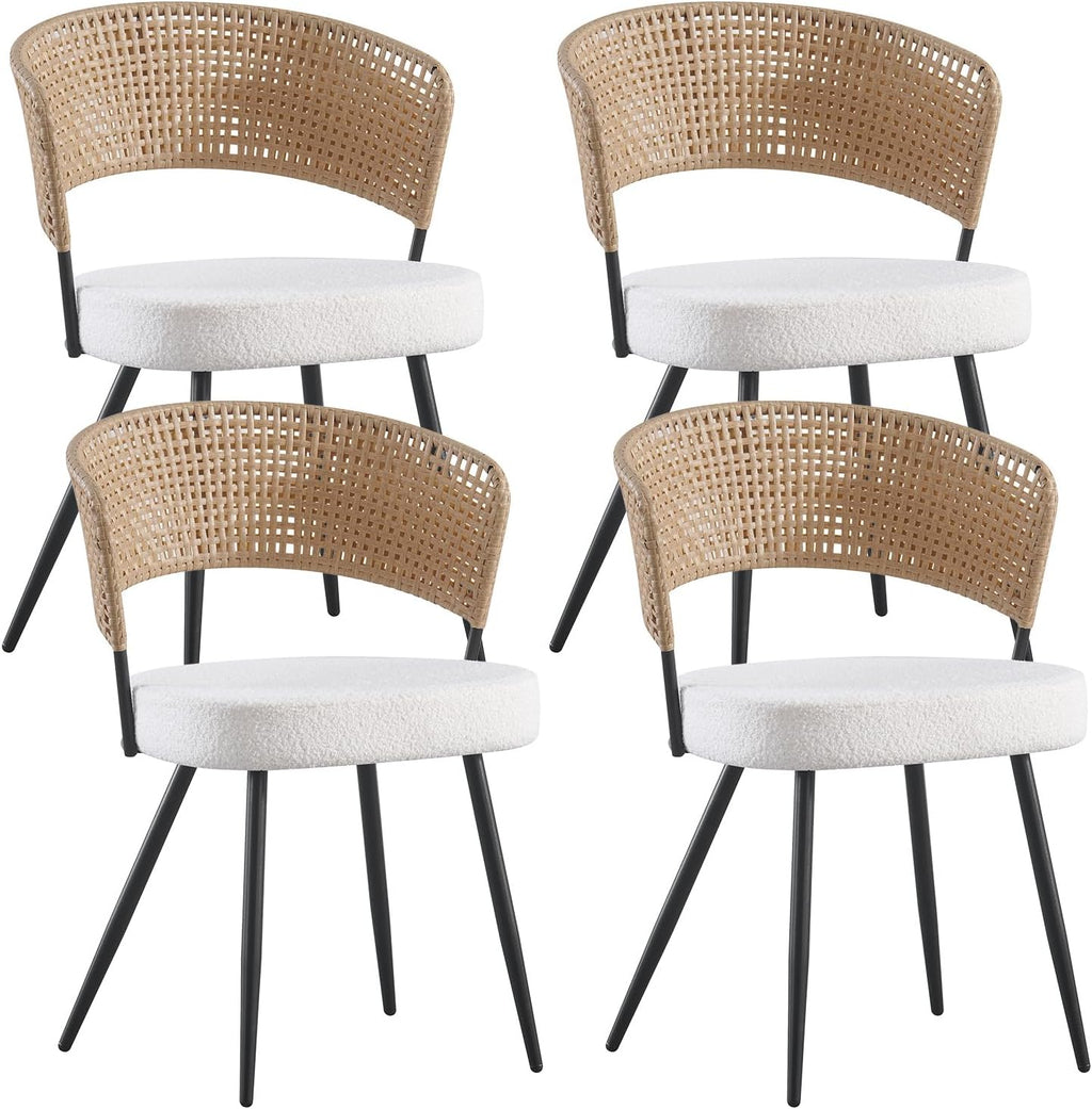 Rattan Dining Chairs Set of 4,Kitchen Chairs with PE Cane Back,Upholstered Boucle Armless Side Chair with Metal Legs for Dining Room/Living Room,Beige White