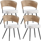 Rattan Dining Chairs Set of 4,Kitchen Chairs with PE Cane Back,Upholstered Boucle Armless Side Chair with Metal Legs for Dining Room/Living Room,Beige White