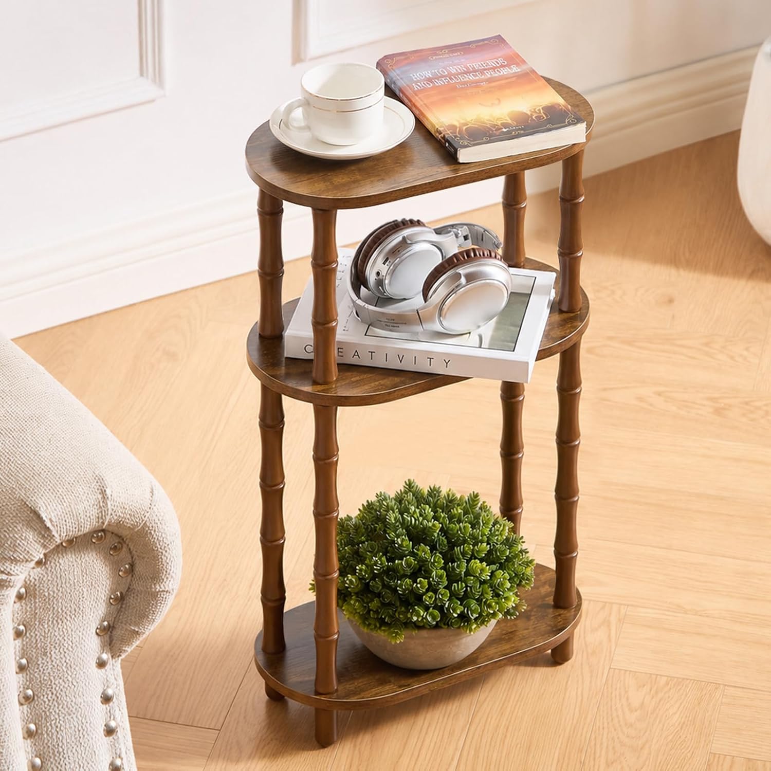 Narrow Side Table with Storage, 3-Tier End Table Skinny Nightstand for Bedroom, Living Room Small Space, Rustic Brown