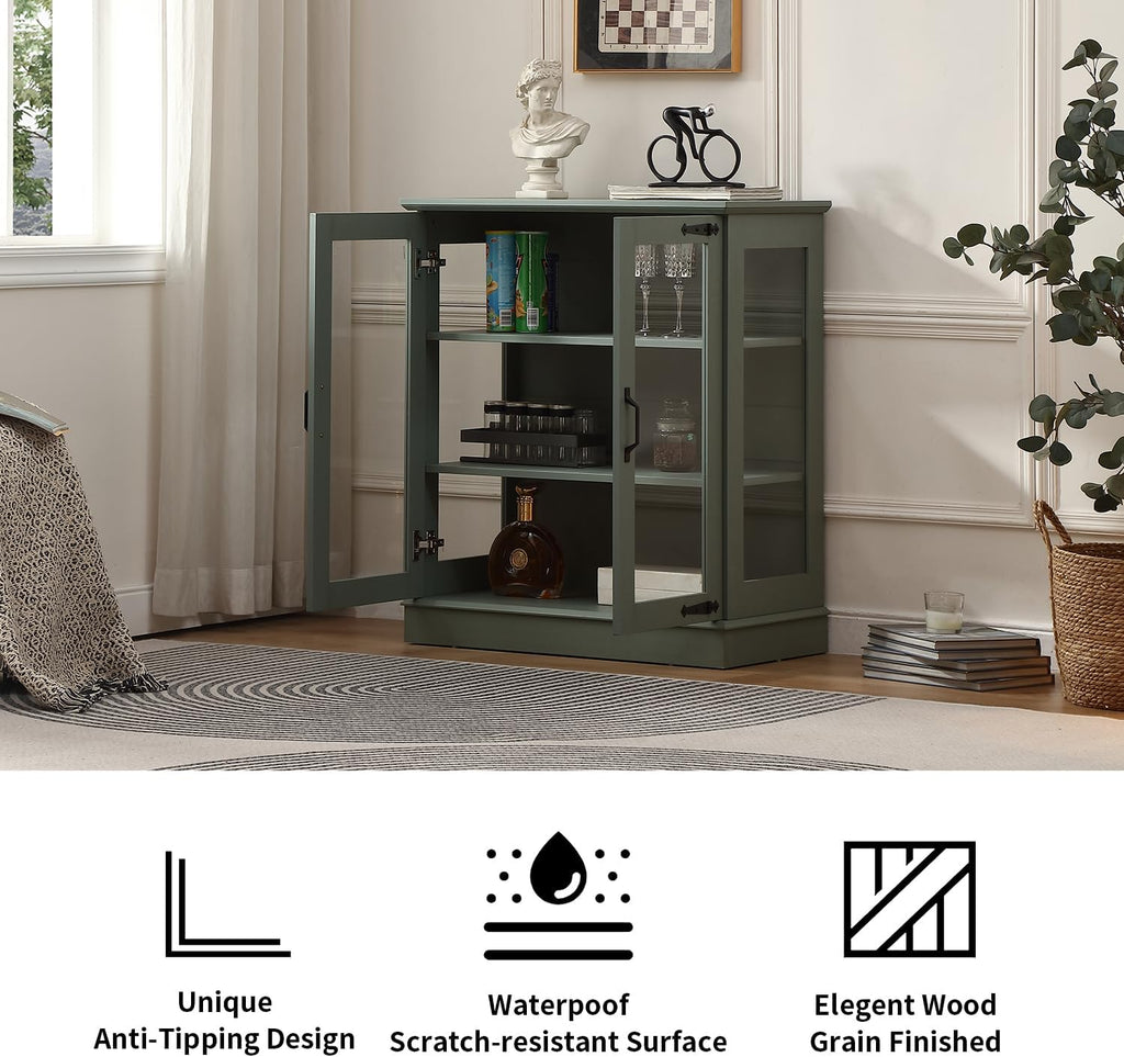 FOREST GRAVITY 31.5'' Small Display Buffet Cabinet with Glass Doors for Great Showcase,Small Coffee bar Cabinet with one Adjustable Shelf and one Fixed Shelf,Modern Sideboard Buffet for Kitchen,Green