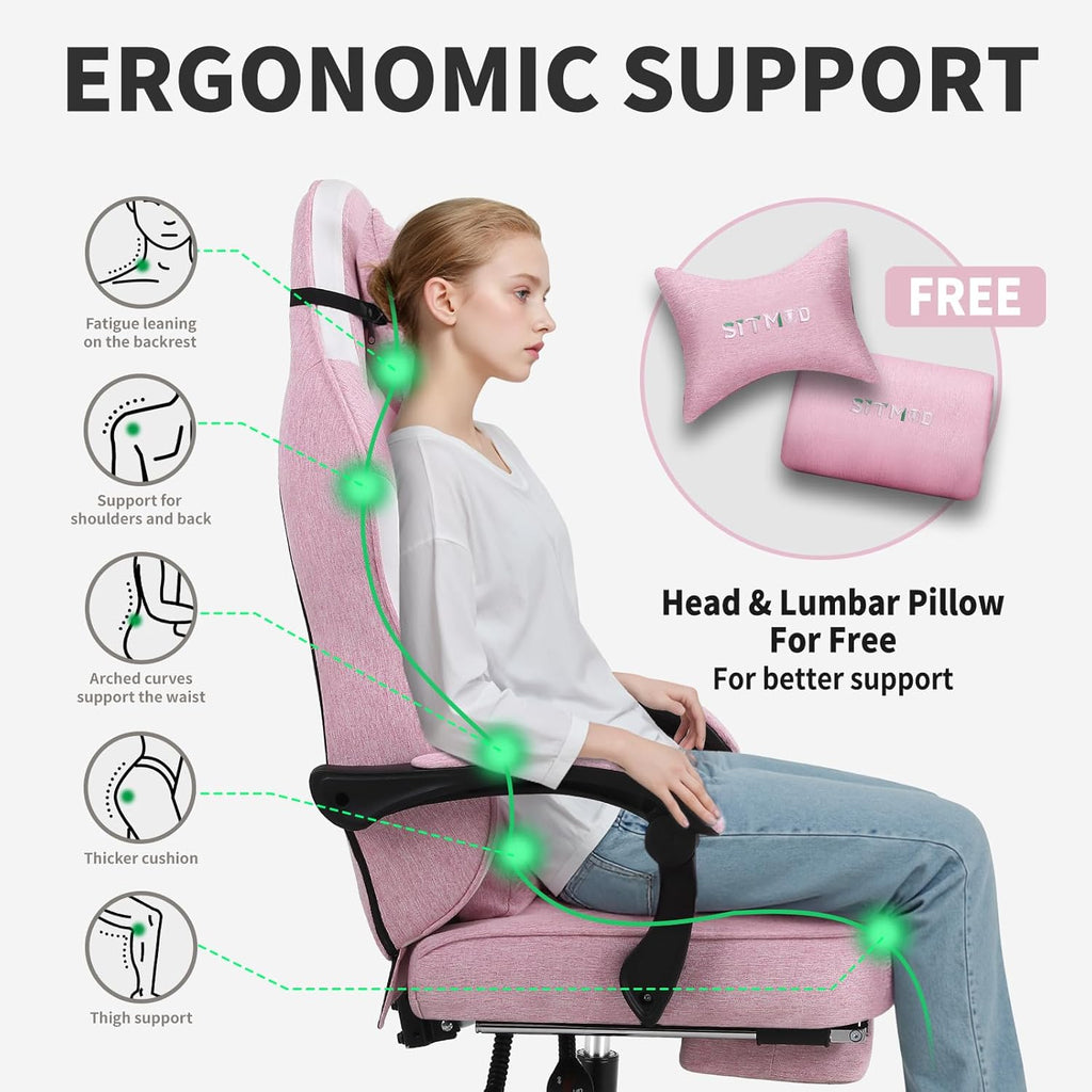 Gaming Chair, Video Gaming Chairs for Adults, Fabric Comfortable Computer Chair with Footrest, Pocket Spring Cushion, High Back Ergonomic Gamer Chair with 360° Swivel Seat for Office (Pink)