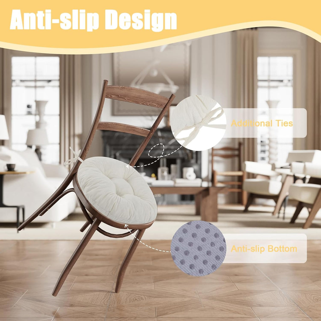idee-home Round Chair Cushions Set of 2, Round Stool Seat Cushion 16 inch, Circle Chair Pads Corduroy with Ties Indoor Barstool Pads for Kitchen, Beige