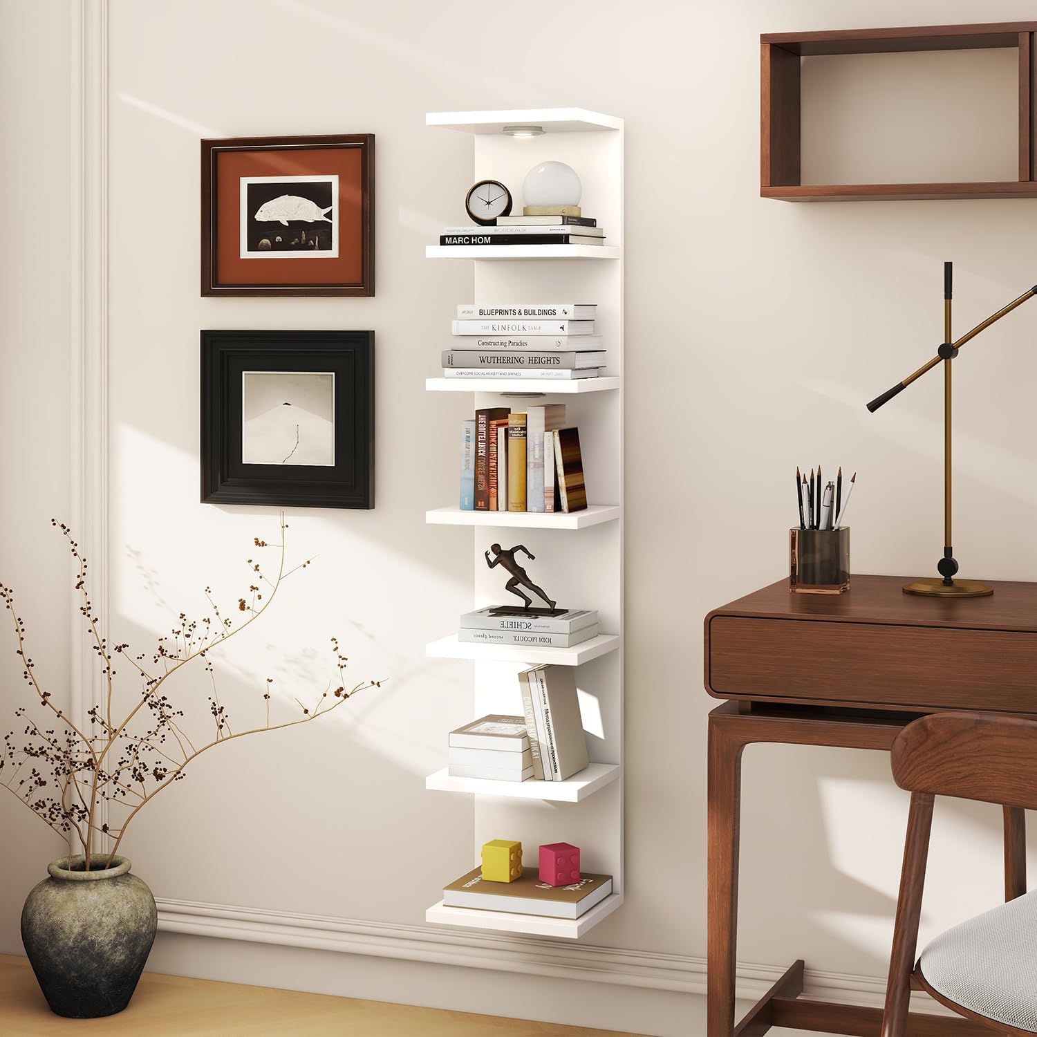 IBUYKE 7 Tier Wall Shelf Unit Floating Shelves with LED Lights,Lack Shelf for Wall Storage,Wall Mounted Vertical Display Shelf for Bedroom,Office,Bathroom White WBC017W