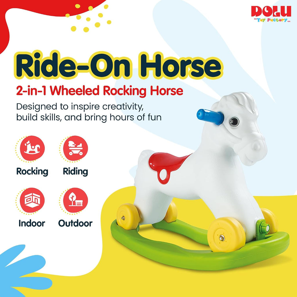 Dolu Wheeled Rocking Horse 2 in 1 Toddler Ride On Toy with Removable Sled and Push Along Option for Kids Ages 2 and Up, Indoor and Outdoor Play, White