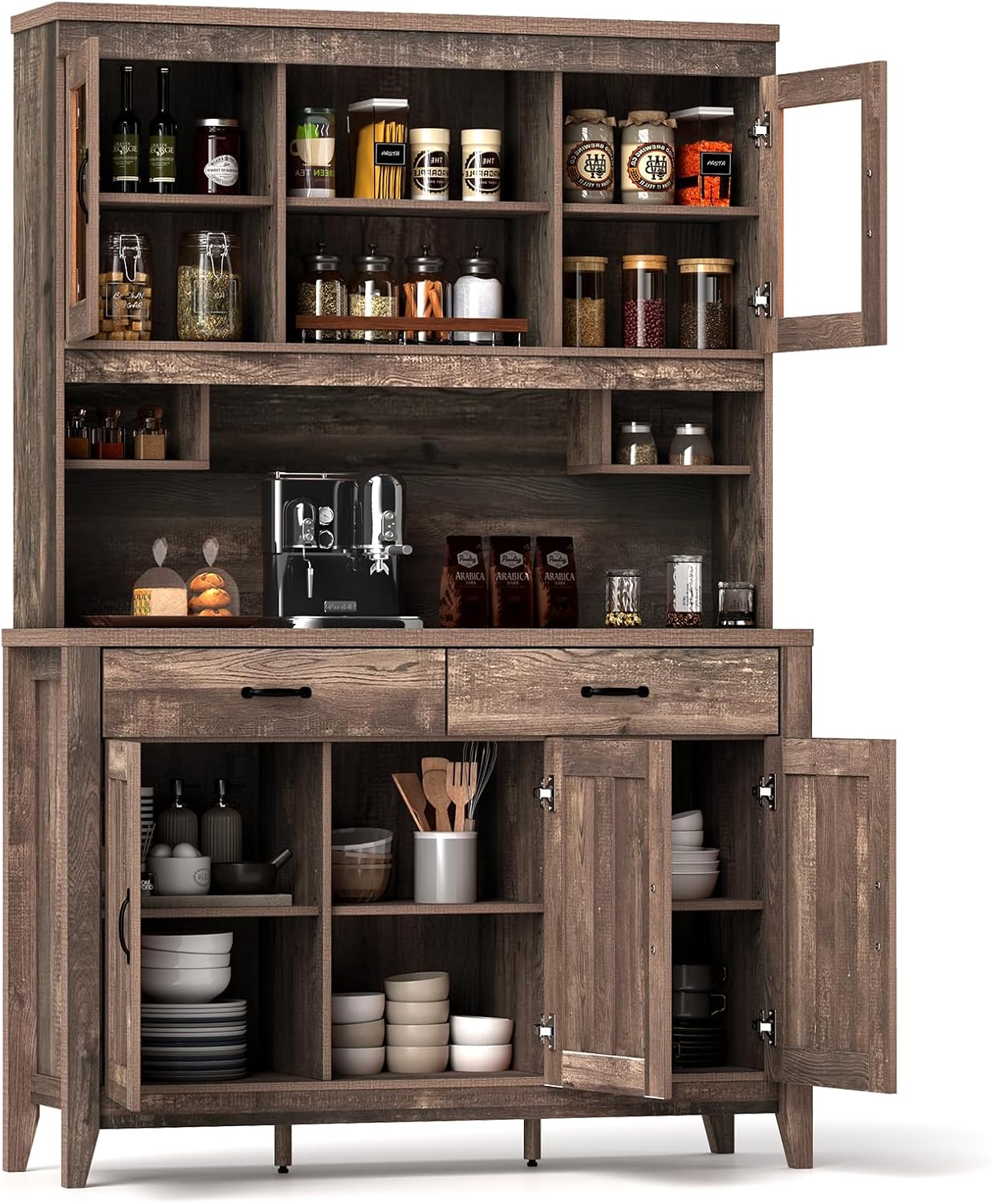 78.5" Tall Kitchen Hutch Storage Cabinet, Large Buffet Cupboard with Glass Doors, Drawers, Adjustable Shelves, Wooden Kitchen Pantry Cabinet with Microwave Shelf for Home Coffee Bar