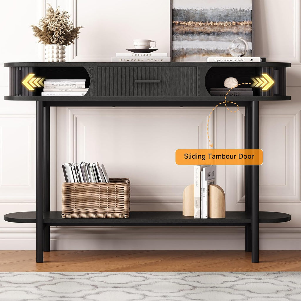 ONBRILL 47 Inch Fluted Console Table with Drawers, Entryway Table with Storage, Oval Sofa Tables Behind Couch, Mid-Century Modern Hallway Tables for Entryway, Hallway, Small Spaces, Black