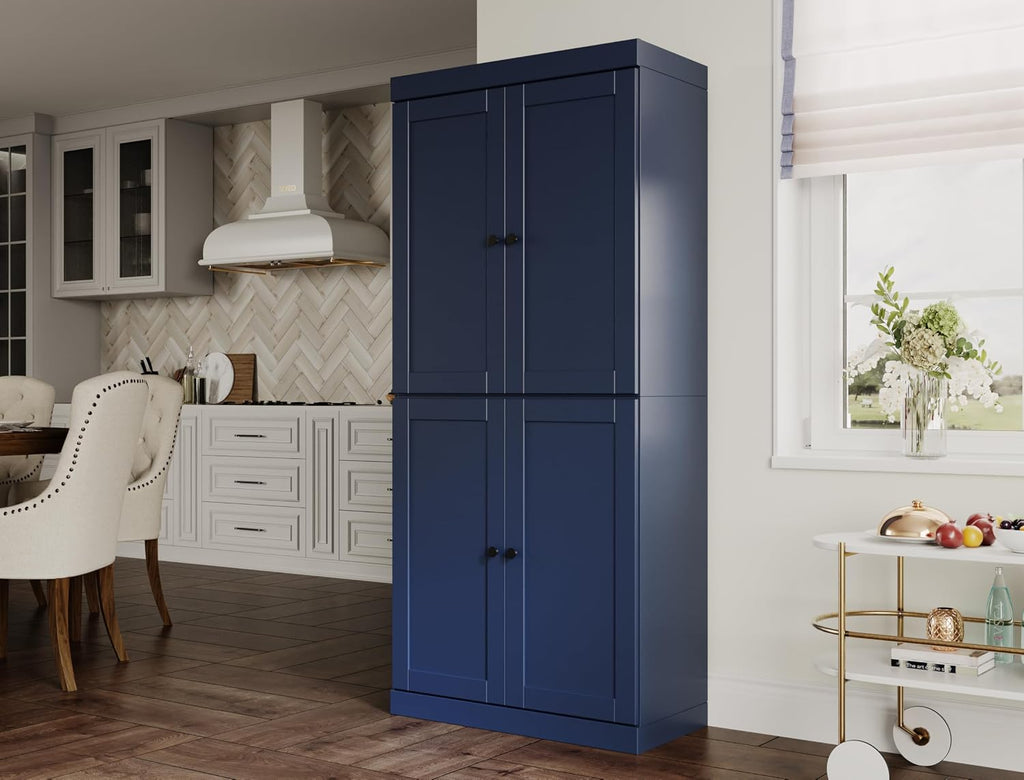 Palace Imports Solid Wood Kitchen Pantry Cabinet - 71.5" Tall x 32" W - Wooden Storage Cabinet w/ 4 Shaker Doors, 2 Drawers & 4 Adjustable Shelves, Navy Blue, 100% Eco-Friendly Wood, Made in Brazil