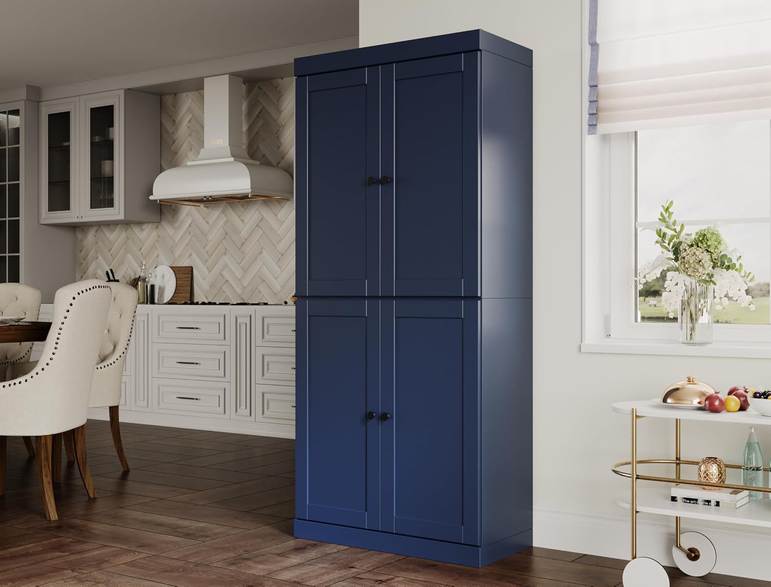 Palace Imports Solid Wood Kitchen Pantry Cabinet - 71.5" Tall x 32" W - Wooden Storage Cabinet with 4 Shaker Doors & 4 Adjustable Shelves, Navy Blue, 100% Renewable Eco-Friendly Wood, Made in Brazil