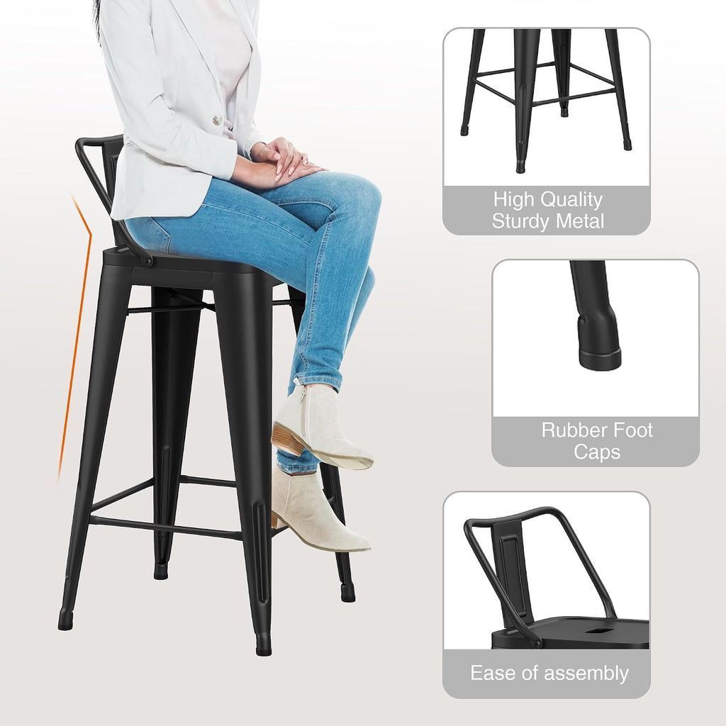 30 inch Metal Bar Stools Set of 4 Bar Height Stools with Backs Industrial Low Back Bar Chairs for Indoor Outdoor Matte Black