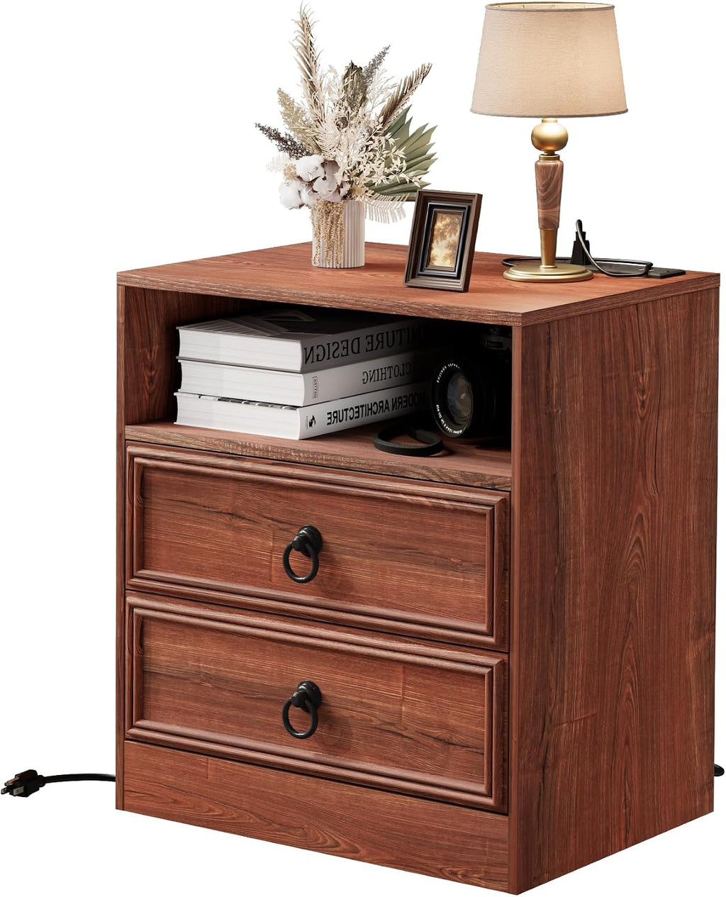 Bigbiglife Farmhouse End Table with Charging Station, 21.7inch Wide Bedside Table for Living Room, Sofa Side Table with Drawers and Open Shelf, Nightstand for Bedroom(Cherry Brown)