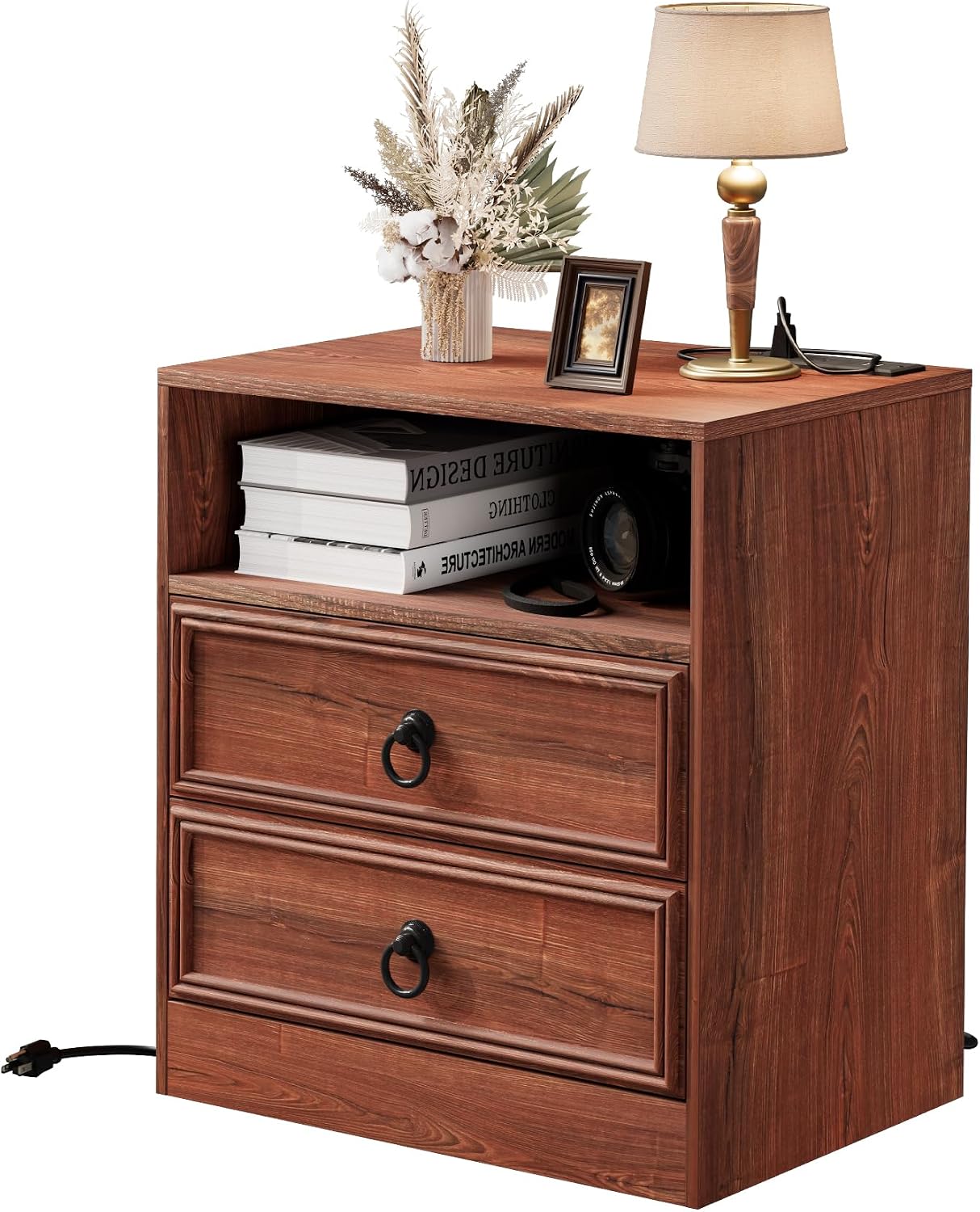 Bigbiglife Farmhouse End Table with Charging Station, 21.7inch Wide Bedside Table for Living Room, Sofa Side Table with Drawers and Open Shelf, Nightstand for Bedroom(Cherry Brown)